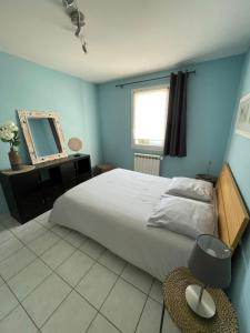 ein blaues Schlafzimmer mit einem Bett und einem Spiegel in der Unterkunft Charmante villa au calme proche de Montpellier, mer et rivière Animaux acceptés in Saint-Gély-du-Fesc