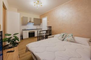 a bedroom with a large bed and a kitchen at Bilocale Chic vicino al Teatro in Udine