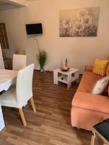 a living room with a couch and a table at Apartments Javorka in Povljana +19 photos