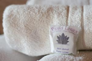 a bottle of lotion sitting on top of a white towel at Pousada Spa Prana Lorien in Santo Antônio do Leite