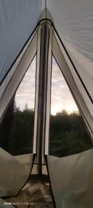 una finestra in una tenda con vista sugli alberi di Casa pescadores camping a Isola Holbox