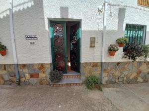 a green door on a white building with potted plants at Casa Rural Pilar Seco in Laujar de Andarax
