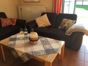 a dog laying on a couch in a living room at Dycke Haus 6 in Garz-Rügen