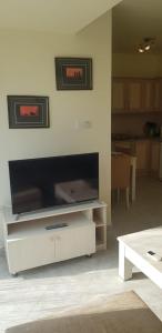 a living room with a large flat screen tv on a wall at Beautiful 1-Bed House in Boghaz