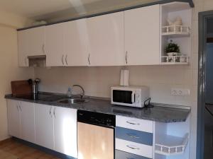 Eine Küche mit weißen Schränken, Spüle und Mikrowelle in der Unterkunft Casa La Puerta in Riaño