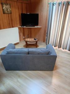 ein blaues Sofa im Wohnzimmer mit einem TV in der Unterkunft Maison du petit tour de ville in Langogne