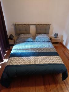 ein Schlafzimmer mit einem großen Bett und blauen Kissen in der Unterkunft Maison du petit tour de ville in Langogne