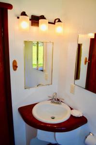 ein Badezimmer mit Waschbecken und Spiegel in der Unterkunft Driftwood Cottage By The Ocean Beach & Redwoods in Smith River