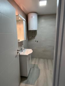 a white bathroom with a sink and a mirror at Mimura stan 2 in Belgrade +18 photos
