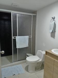 a bathroom with a toilet and a sink with towels at Hostal Ninfa del Mar in Manizales +29 photos