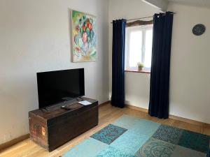a living room with a flat screen tv and blue curtains at LE CLOS PASTEL Chambres d'hôtes et son studio suite - ADULTES ONLY in Virac