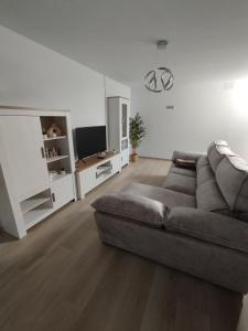 a living room with a couch and a tv at Quirós Villa Tranquila de Salcedo 1 in La Villa