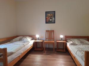 two beds in a room with two lamps on tables at "Höper Mittelhof" Ferienhaus Nr3 in Lemkendorf