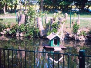a bird house sitting in the middle of a pond at "Höper Mittelhof" Ferienhaus Nr3 in Lemkendorf +3 photos
