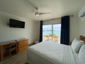 菲利普斯堡Seaview Beach Hotel的一间带床的卧室，可欣赏海景