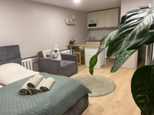 a bedroom with a bed and a chair and a living room at Kakava House in Nemėžis
