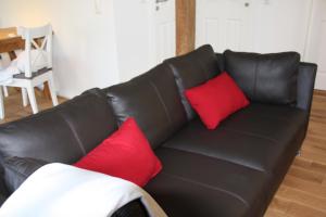 a black leather couch with two red pillows on it at Feldlerche in Neue Tiefe Fehmarn