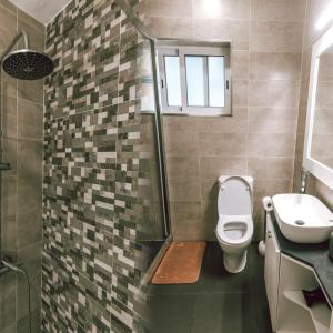 a bathroom with a shower and a toilet and a sink at Apartamento no centro da cidade in Santarém