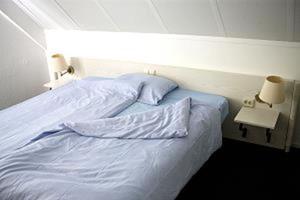 a bedroom with a white bed with two lamps on it at Ferienhaus 702 in Tossens in Stick
