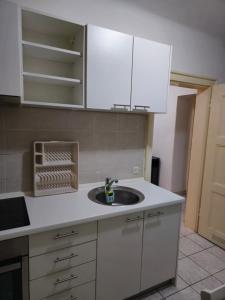 eine Küche mit Spüle und weißen Schränken in der Unterkunft Apartment SG, Sarajevo in Sarajevo + 22 Fotos