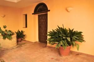 a room with a door and two potted plants at Casa Palacio de Guadix in Guadix