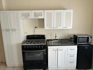 a kitchen with a stove and a microwave at Karakter Inmuebles, VF Department in Reynosa