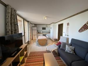 ein Wohnzimmer mit einer blauen Couch und einem Fernseher in der Unterkunft les 7 laux immobilier chalet E in Prapoutel