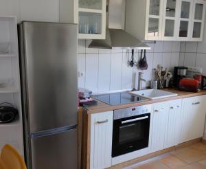 Una cocina con frigorífico de acero inoxidable y fregadero. en Ferienhaus Sandmohn, en Kellenhusen