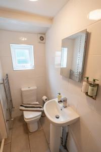 ein Badezimmer mit Toilette, Waschbecken und Spiegel in der Unterkunft Delightful 3 bedroom Cottage in Haverigg in Haverigg + 16 Fotos