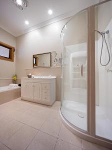 a bathroom with a shower and a sink at Ambience on Huon Bed & Breakfast in Cygnet