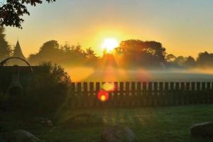 einen Sonnenaufgang über einem Zaun mit der Sonne im Hintergrund in der Unterkunft "Ferienhof Alte Mühle" W 1a in Bannesdorf