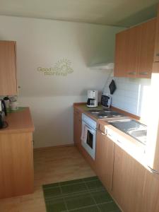 a kitchen with wooden cabinets and a stove top oven at Ferienwohnung "Bittner" in Altratjensdorf