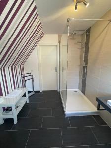 a shower in a bathroom with a glass shower stall at Haus am Stadtpark in Burg auf Fehmarn +2 photos