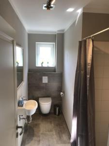 ein Badezimmer mit Toilette und Waschbecken und einem Fenster in der Unterkunft Ferienhaus Mau in Meeschendorf