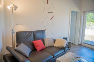 a living room with a leather couch with colorful pillows at Scheune 9 in Gollendorf