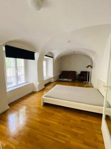 グラーツにあるWohnung, 3 Zimmer, eines davon Durchgangszimmer, ruhig, Graz Zentrumの大きなベッドが備わる広い客室です。