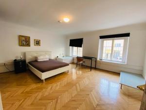 グラーツにあるWohnung, 3 Zimmer, eines davon Durchgangszimmer, ruhig, Graz Zentrumのベッドと机が置かれた寝室
