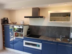 a kitchen with blue cabinets and a sink at Ferienwohnung Schloßberg 2 in Peiting