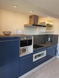 a kitchen with blue cabinets and a sink at Ferienwohnung Schloßberg 2 in Peiting