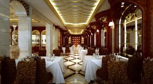広州市にあるYueda Financial City International Hotelの白いテーブルと椅子のある建物内のレストラン