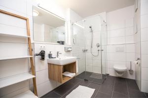 ein Badezimmer mit Waschbecken, Dusche und Toilette in der Unterkunft Ferienwohnung "Höchsten" in Friedrichshafen