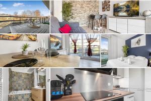 eine Collage mit Fotos von einer Küche und einem Wohnzimmer in der Unterkunft HOMEY PRECIOSO - Terrasse privée - Wifi et Netflix in Vétraz-Monthoux