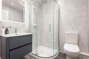 a bathroom with a shower and a toilet and a sink at Achaniar Cottage in St. Andrews +8 photos