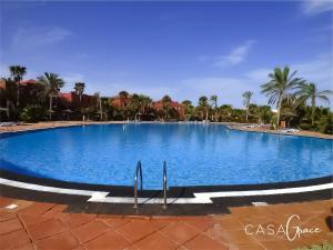duży niebieski basen z palmami w tle w obiekcie Rentalfue Tamarindo 1 casa Grace w Corralejo