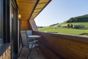 a porch with a chair and a window with a view of a field at Drei Tannen - Wohnung 12 - Apartmenthaus, Titisee, nahe Badeparadies in Titisee