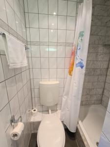 a white bathroom with a toilet and a shower at Bootshaus Nr 6 in Grömitz