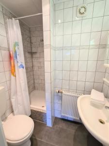 a bathroom with a toilet and a shower and a sink at Bootshaus Nr 6 in Grömitz