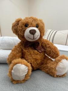 a brown teddy bear sitting on a couch at Osito Hub - Poeta Durán in Valencia