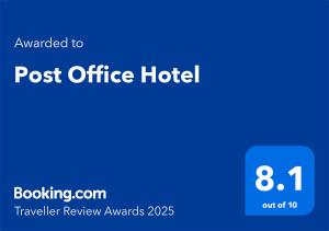 Certifikát, hodnocení, plakát nebo jiný dokument vystavený v ubytování Post Office Hotel
