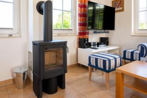 a living room with a wood stove in a room at C 5 Premium Reethaus Delphin mit eigenem Whirlpool und Außensauna in Gramkow +17 photos